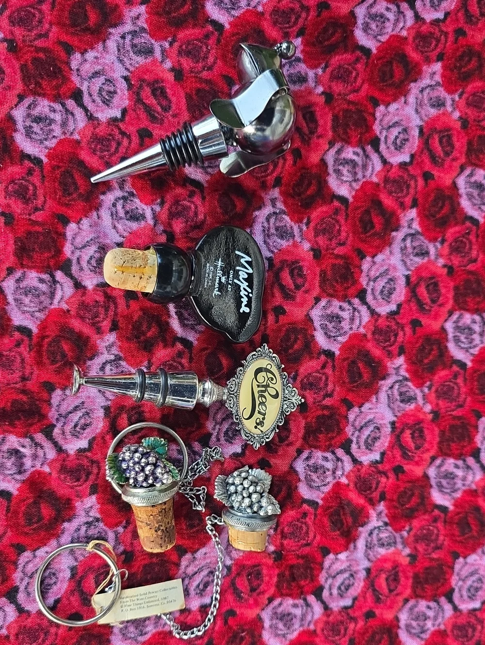 Set of 5 Vintage Novelty Wine Bottle Stopper Bundle Comic Grape Dog Cheers Set